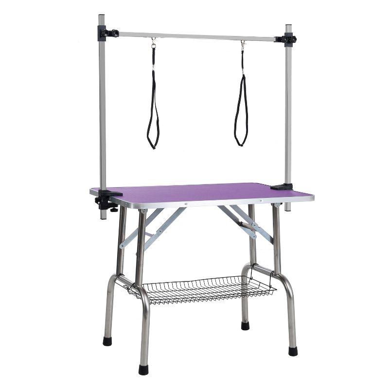 UbMelt Folding Pet Grooming Table with Adjustable Arms,Nooses,Clamps and Mesh Tray for Medium/Large Dogs,Purple