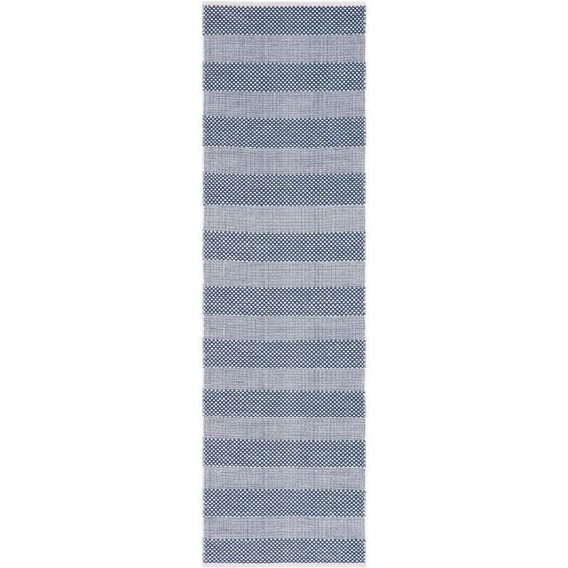 Ivory and Blue Striped Wool Flat Weave Runner Rug