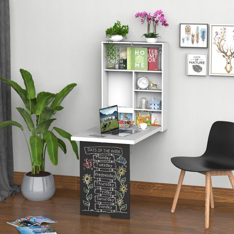 White Wall Mounted Foldable Desk with Blackboard and Shelves