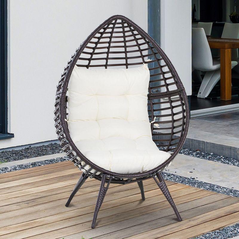 Outsunny Wicker Egg Chair, Oversized Indoor Outdoor Boho Lounge, Hand-Woven Water-Safe PE Rattan Furniture with Cushion, Beige