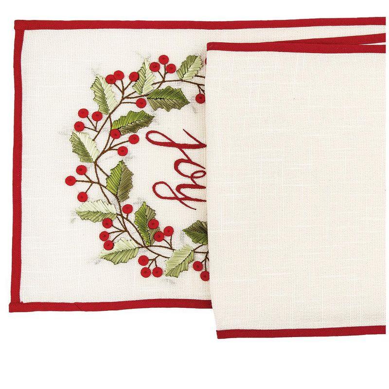 Off-White and Red Cotton Embroidered Winter Table Runner