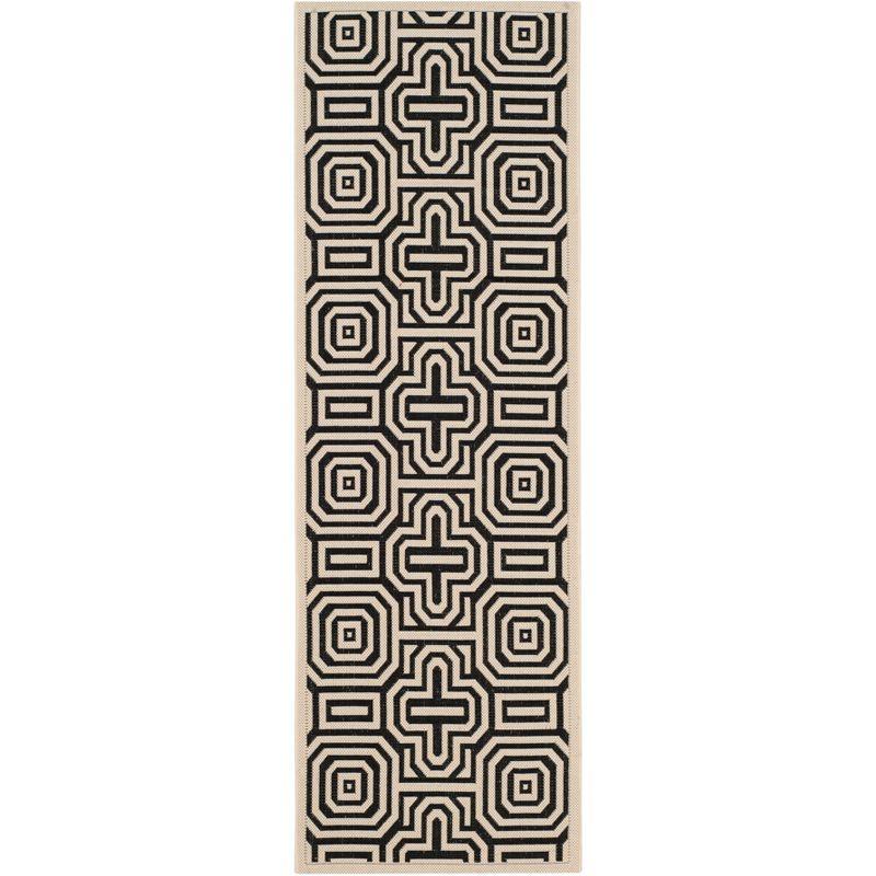 Beige and Black Geometric Flat Woven Outdoor Runner