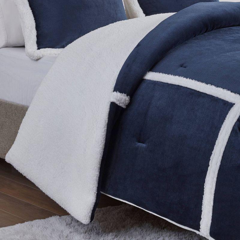 Navy Twin Plush to Sherpa Comforter Set with Bear Pillow