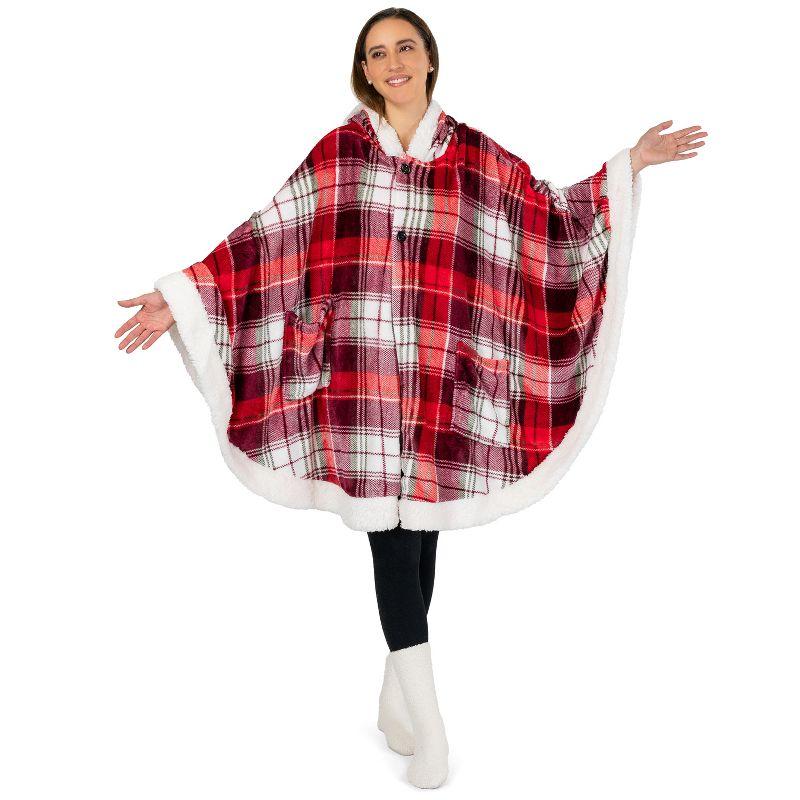 PAVILIA Angel Wrap Hooded Blanket for Women Adult, Wearable Cozy Wrap Throw Fleece Shawl Cape, Tartan Plaid/Faux Shearling