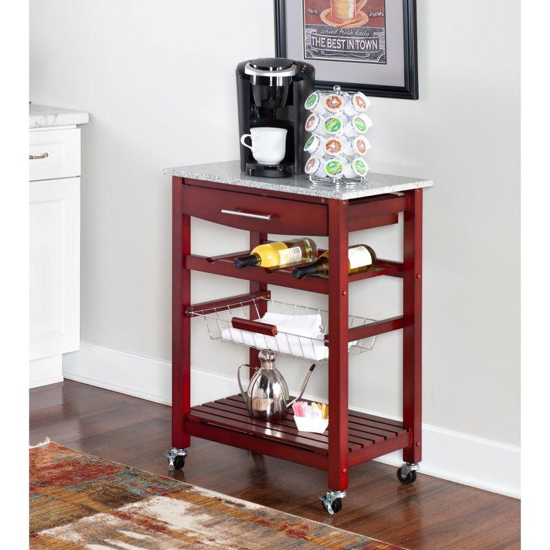 Small Red Pine Kitchen Cart with Granite Top and Wine Rack