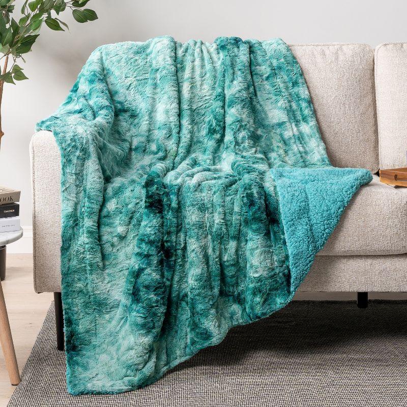 PAVILIA Tie-Dye Faux Fur Throw Blanket, Furry Fuzzy Fluffy Shaggy Plush Warm Reversible Thick for Bed Couch Sofa