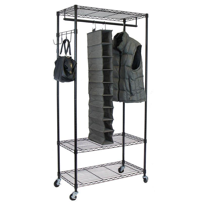 Black Steel Portable Garment Rack with Adjustable Shelves