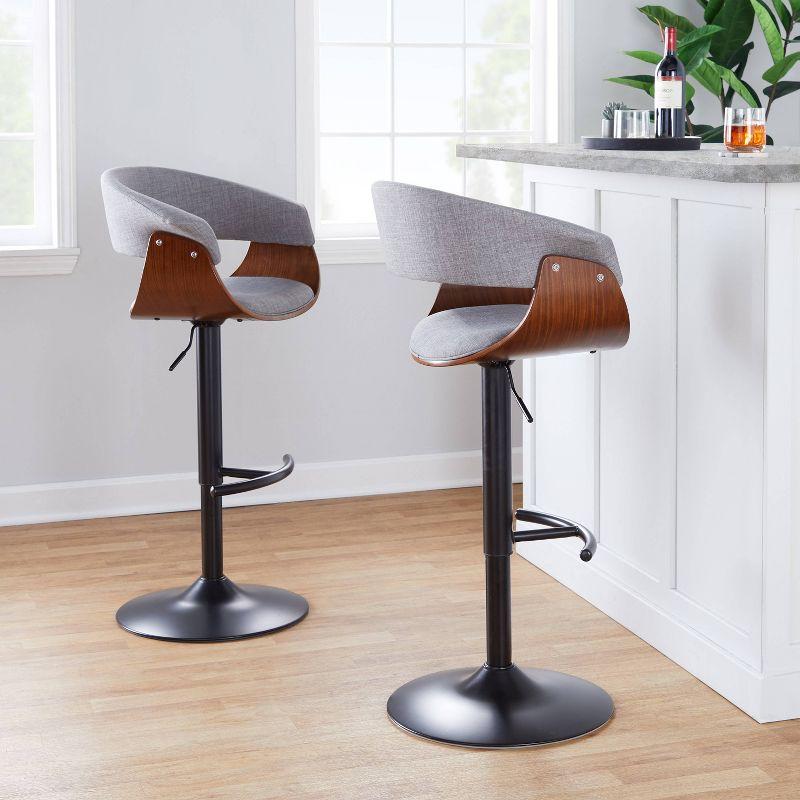 Set of 2 Vintage Modern Adjustable Barstools Black/Walnut/Light Gray - LumiSource: Swivel, Upholstered, Metal Base