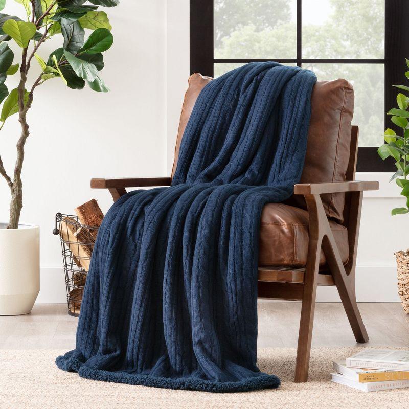 Navy Blue Cable Knit and Sherpa Reversible Throw Blanket 50" x 65"