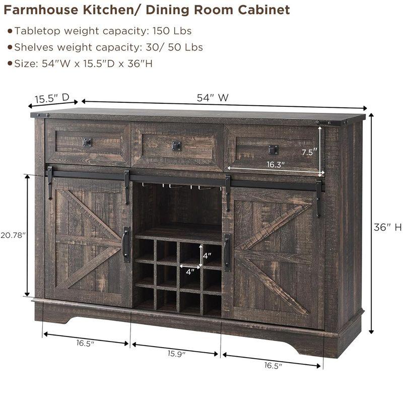 OKD 54" Wine Bar Cabinet w/Sliding Barn Door, Kitchen Coffee Bar Cabinet w/Wine & Glass Rack, 3 Drawers, Large Buffet Sideboard