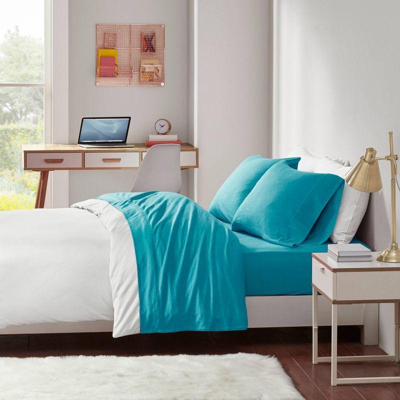 Teal Twin Jersey Knit Polyester Sheet Set