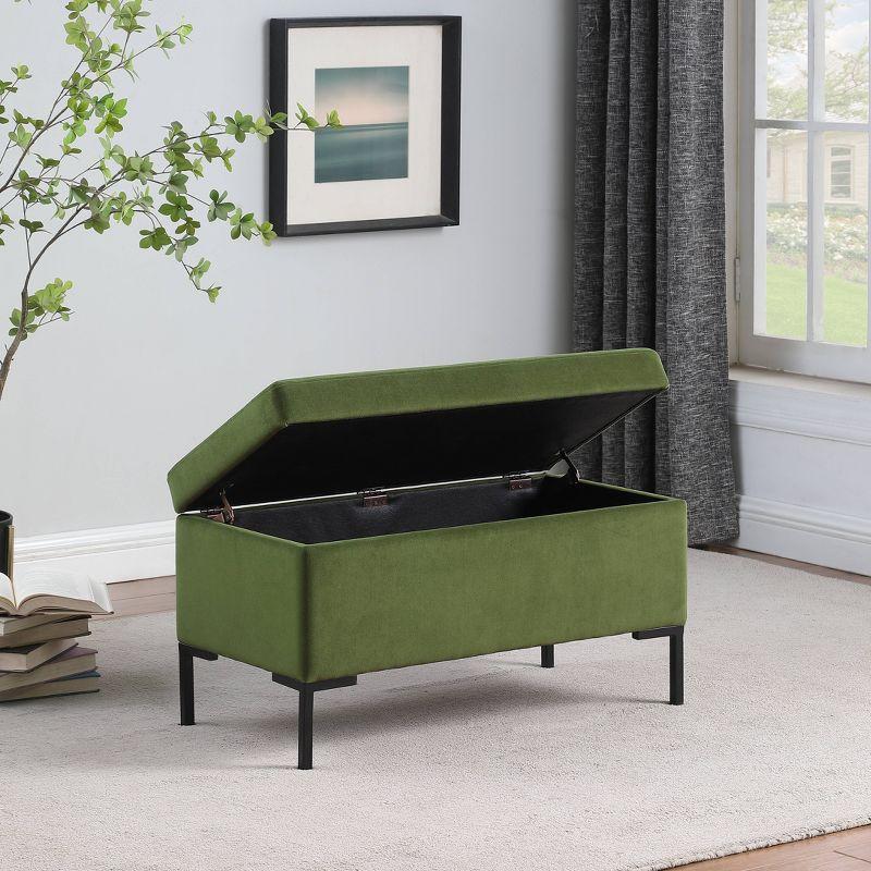 Medium Storage Bench with Metal Legs Green Velvet - HomePop: Upholstered Rectangular Ottoman for Bedroom, 250lb Capacity