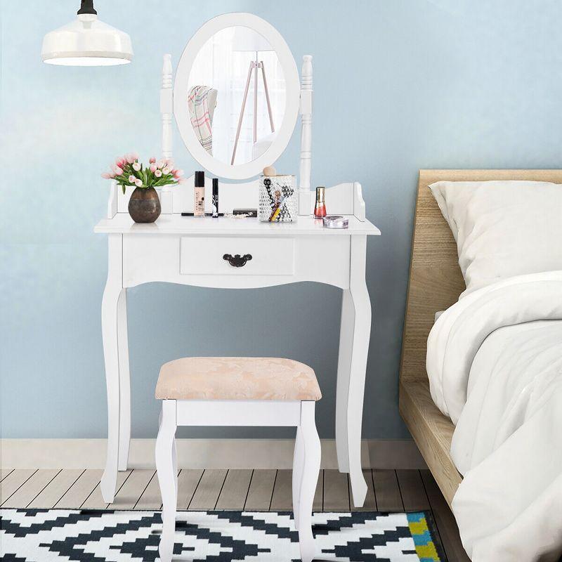 Tangkula Bathroom Vanity Wood Makeup Dressing Table Stool Set Jewelry Desk W/Drawer &Mirror White