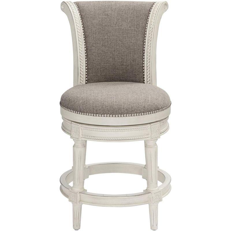 55 Downing Street Oliver Wood Swivel Bar Stool White 24 1/2" High Traditional Scroll Pewter Round Cushion with Backrest Footrest for Kitchen Counter