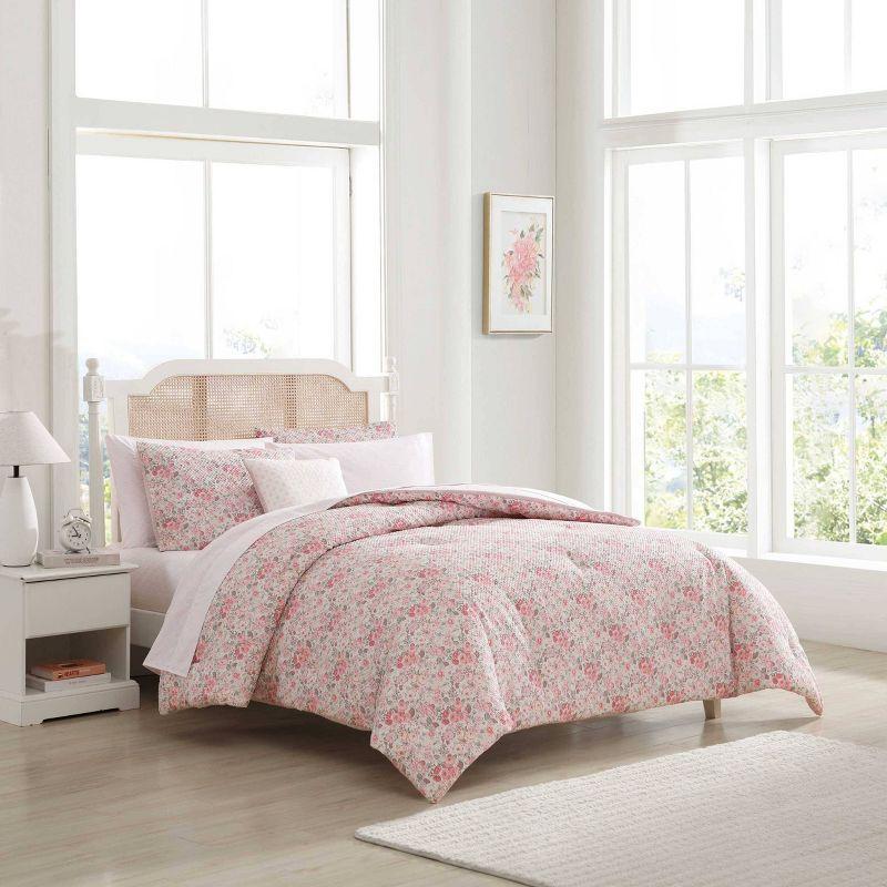 Laura Ashley Quartet Pink Reversible Easy Care Dorm Bonus Bed Set