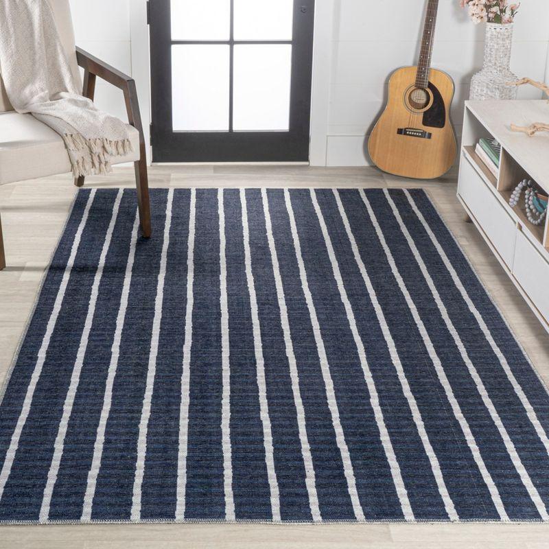 5' x 8' Rand Distressed Ticking Stripe Machine-Washable Area Rug, Navy/Ivory - JONATHAN Y