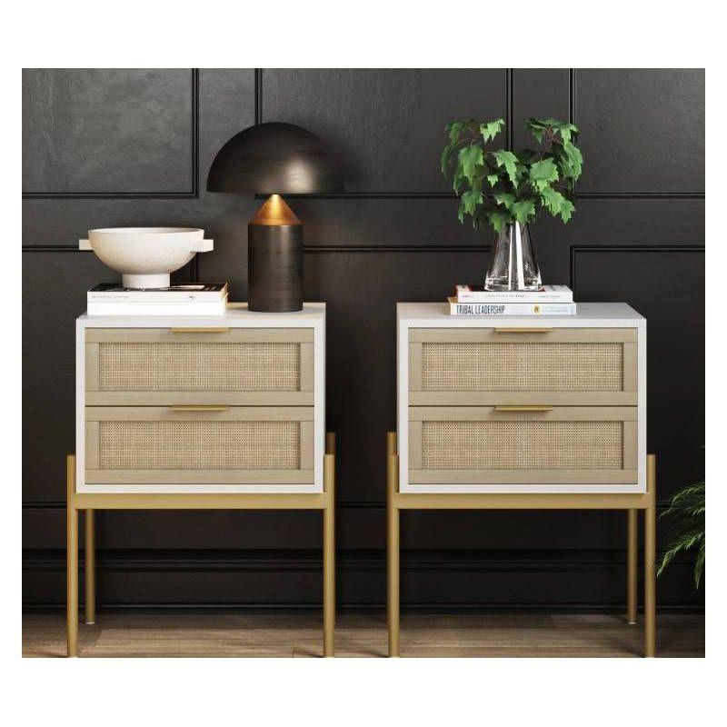 White and Gold 2-Drawer Rattan Nightstand Set