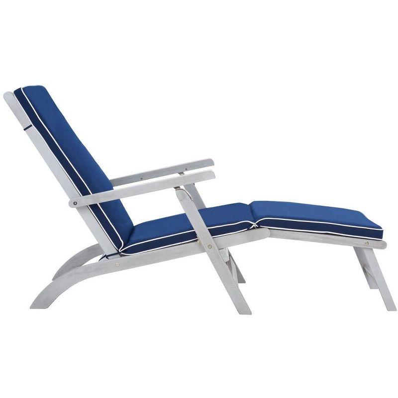 Elegant Oceanliner Inspired Acacia Wood Lounge Chair with Navy Cushion