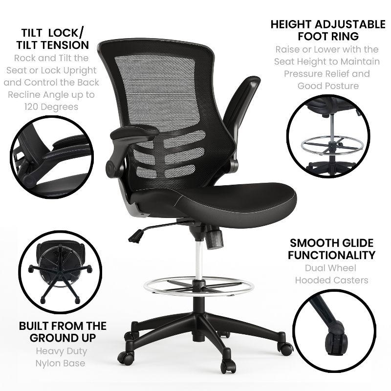 Flash Furniture Kelista Mid-Back Black Mesh Ergonomic Drafting Chair with LeatherSoft Seat, Adjustable Foot Ring and Flip-Up Arms