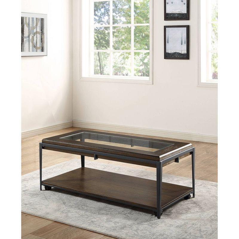 Espresso Rectangular Wood and Glass Cocktail Table with Iron Frame