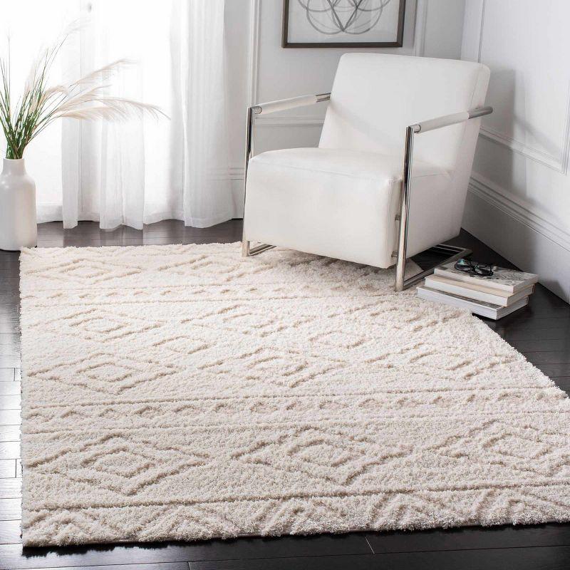 Ivory/Beige Geometric Soft Shag Synthetic Area Rug, 5'1" x 7'6"