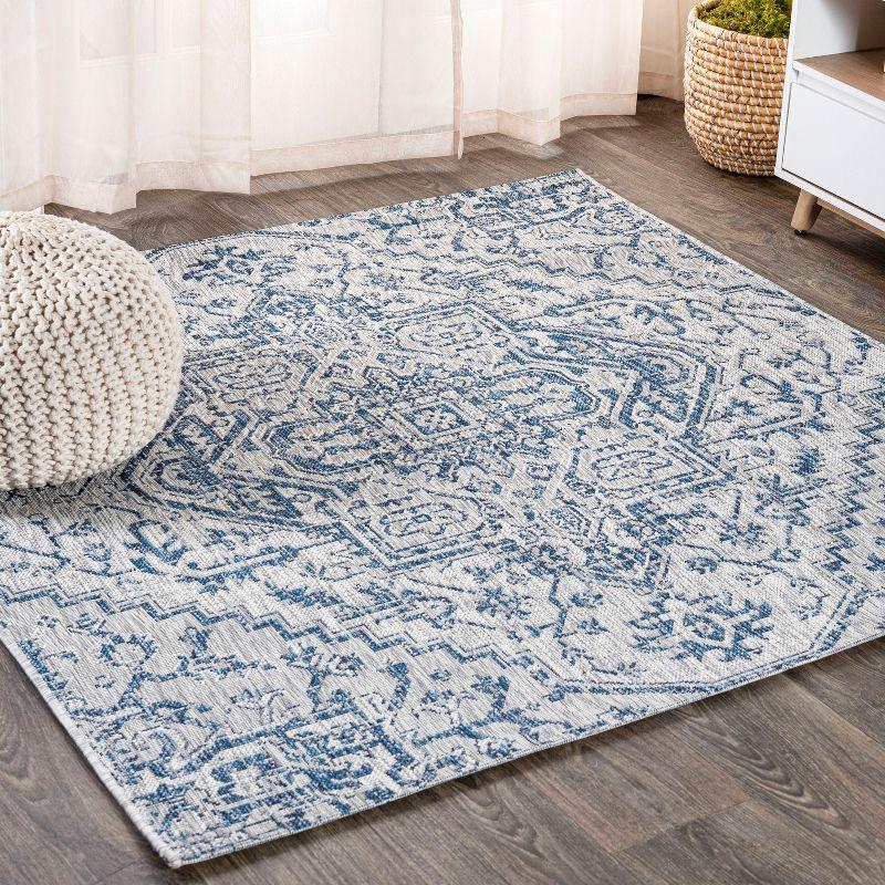 Navy and Gray Synthetic Medallion Square Area Rug