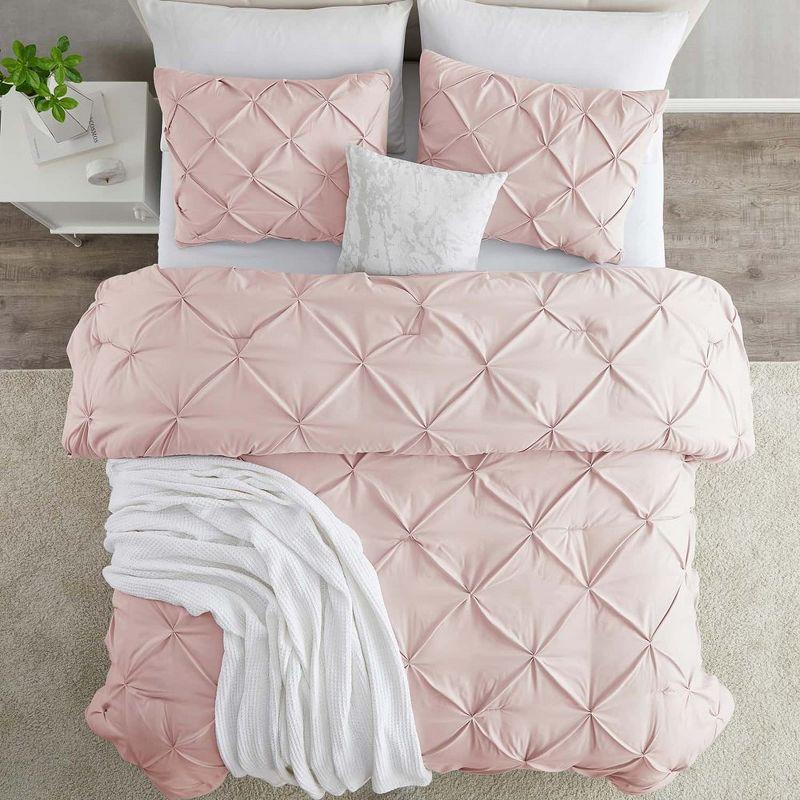 Nestl 3 Piece Pinch Pleated Duvet Cover Set, Full Size Pintuck Duvet Cover with Button Closure, Blush