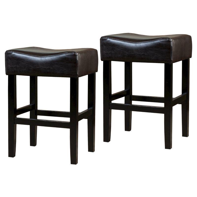 Brown Leather and Wood Backless Saddle Counter Stools, Set of 2