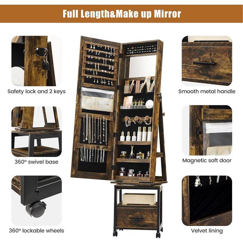 Garvee 360¡ã Swivel Jewelry Armoire, 66" H Floor Standing Locking with Full Length Mirror, Inside Makeup Mirror, Rear Storage Shelves, Brown