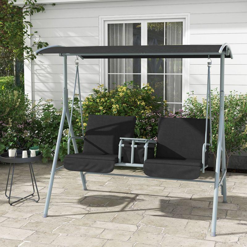 Outsunny 2 Person Porch Swing with Stand, Outdoor Swing with Canopy, Pivot Storage Table, 2 Cup Holders, Cushions for Patio, Backyard, Black