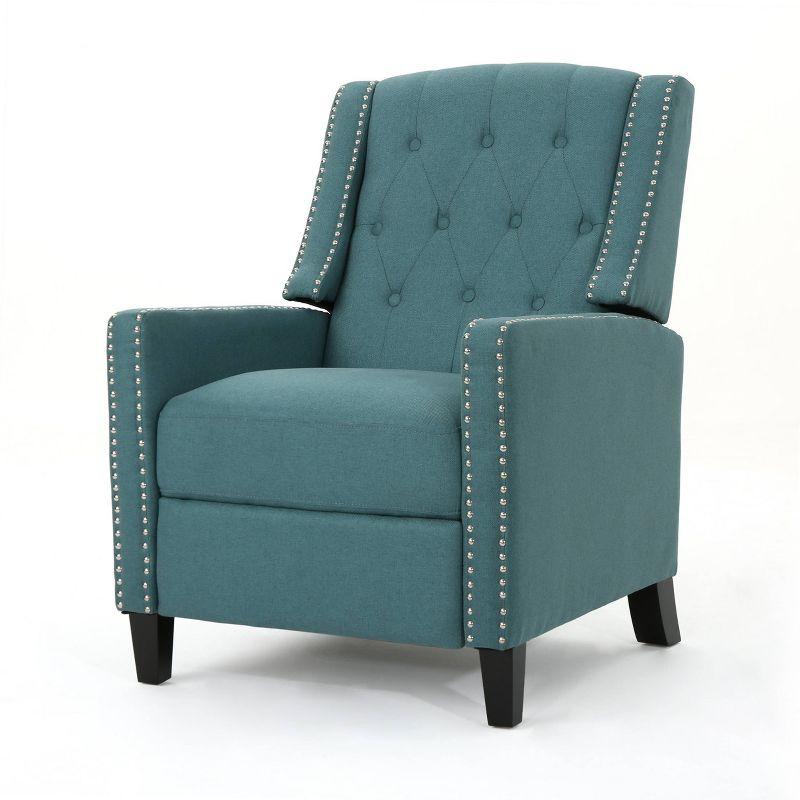 Teal Tufted Back Fabric Recliner with Dark Brown Legs