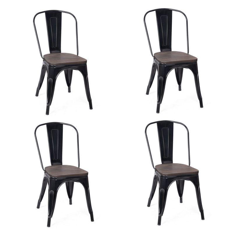 Set of 4 Vintage High-Back Metal Side Chairs with Wood Seat - Black