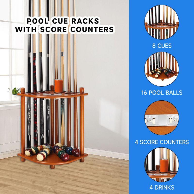 GSE Wooden Corner-Style Floor Stand Billiard Pool Cue Rack with Score Counters, Holds 8 Pool Cue Stick and Full Set of Pool Balls