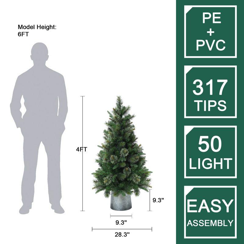 LuxenHome 4' Pre-Lit Artificial Christmas Pine Tree with Metal Pot Green