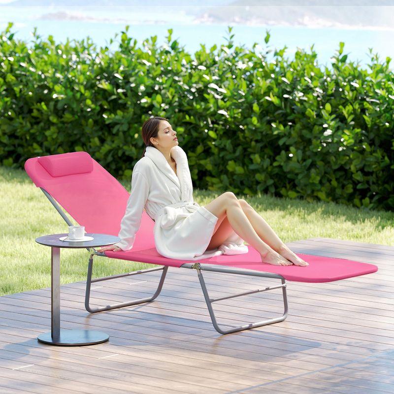 Outsunny Foldable Outdoor Chaise Lounge Chair, 5-Level Reclining Camping Tanning Chair with Breathable Mesh Fabric and Headrest, Pink