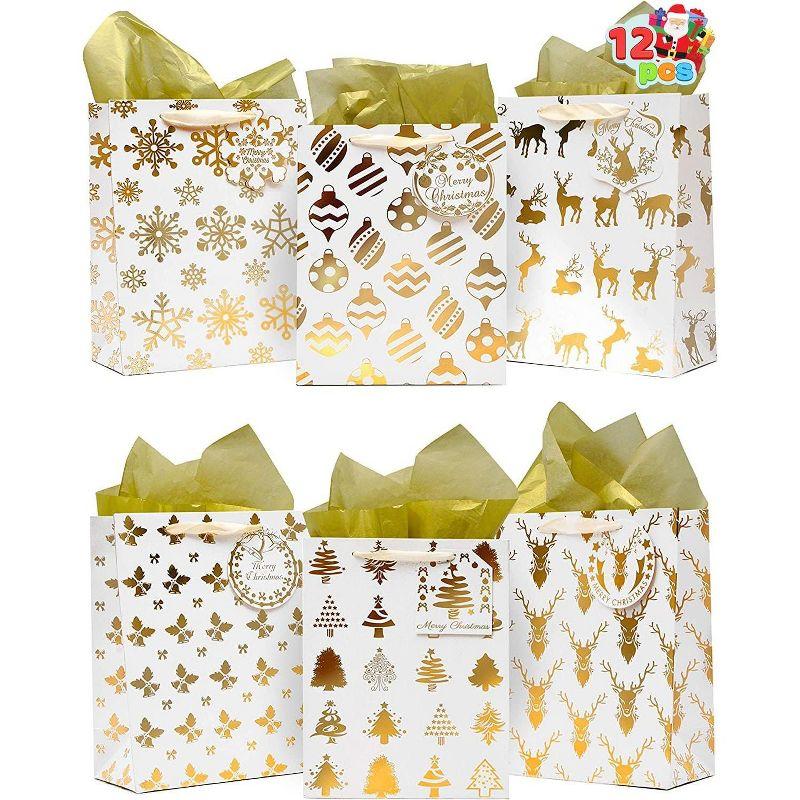 Gold Foil Christmas Gift Bags with Tags and Tissue Paper, 12 Pack