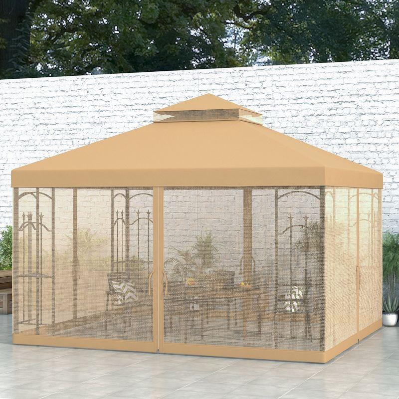 Outsunny Steel Outdoor Patio Gazebo Canopy with Removable Mesh Curtains, Display Shelves, & Steel Frame