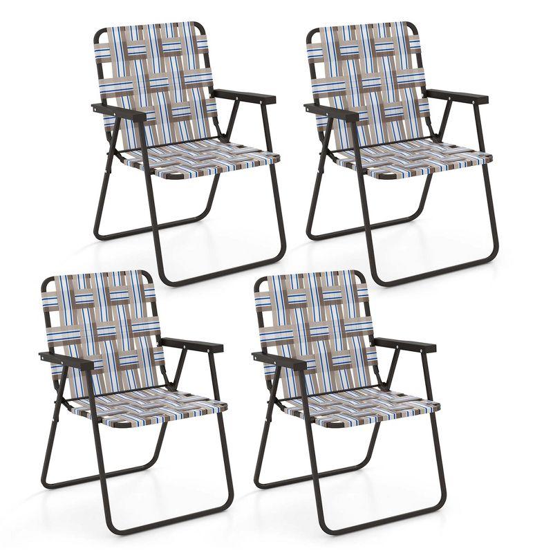 Set of 4 Black and Brown Folding Outdoor Chairs with Arms