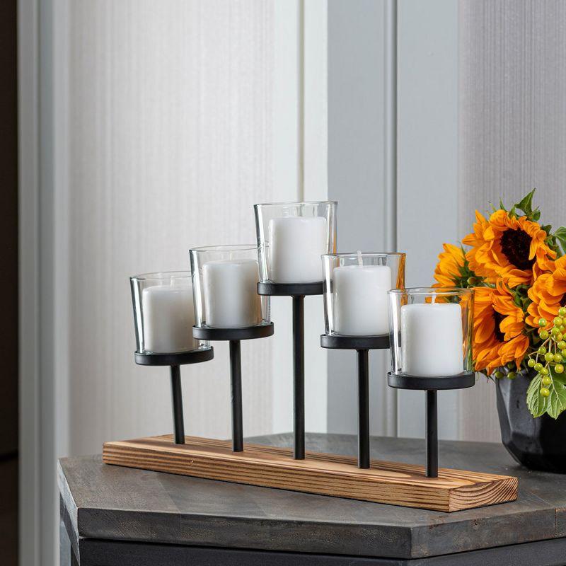 Le'raze Elegant Decorative Votive Candle Holder Centerpiece, 5 Glass Cups on Wood Base-Tray