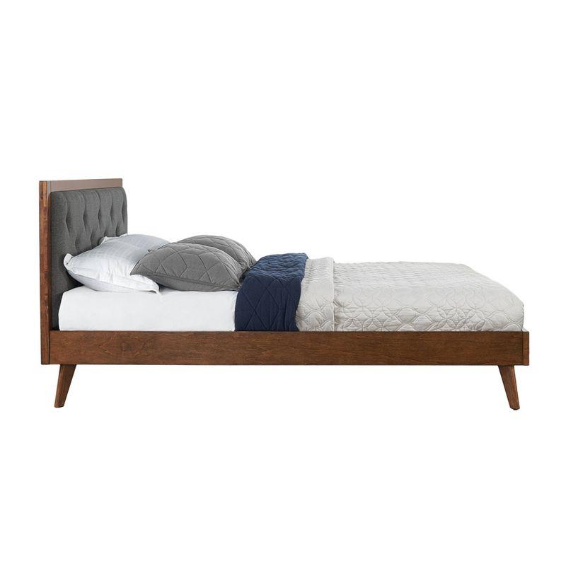 Elegant Walnut Queen Platform Bed with Tufted Gray Upholstery