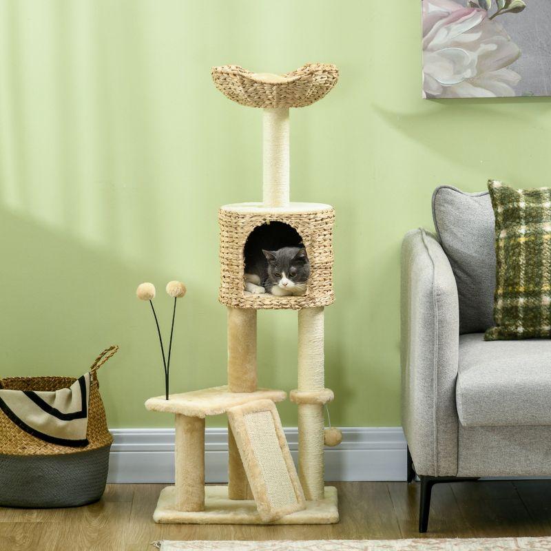 PawHut Scratching Posts Include 45" Cat Tree for Indoor Cats with Ramp, Condo, Toy Balls, Platforms, Bed Cat Tower, Beige