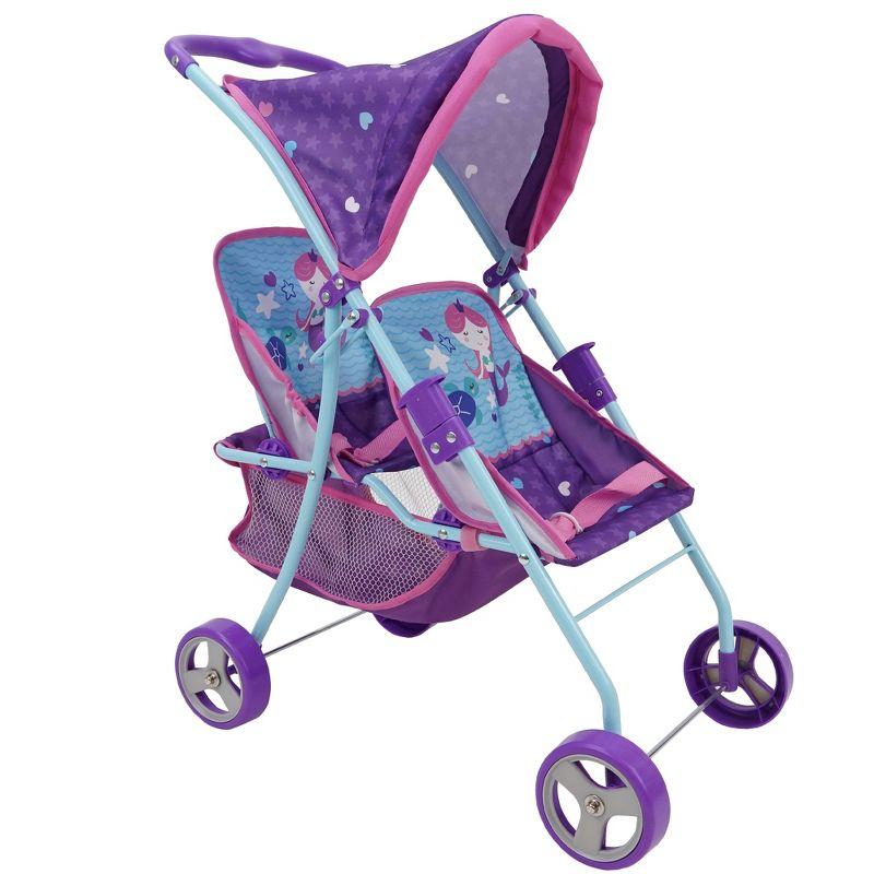 509: Mermaid Twin Doll Stroller W/ Retractable Canopy, 2 Seats