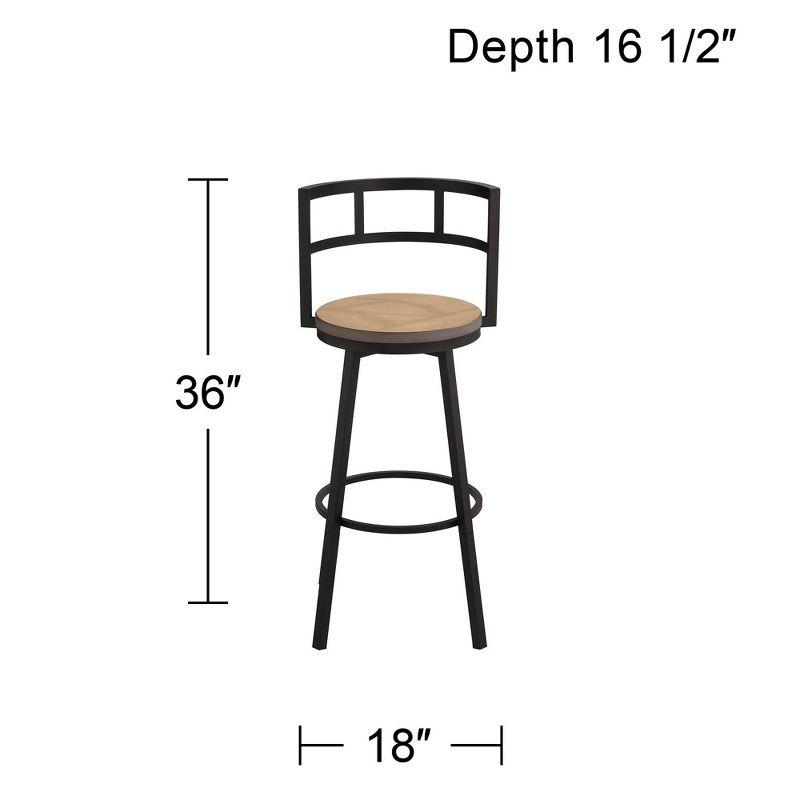 Elm Lane Latham Matte Black Swivel Bar Stool 25 1/4" High Industrial Roark Gray Wood Seat with Backrest Footrest for Kitchen Counter Height Island