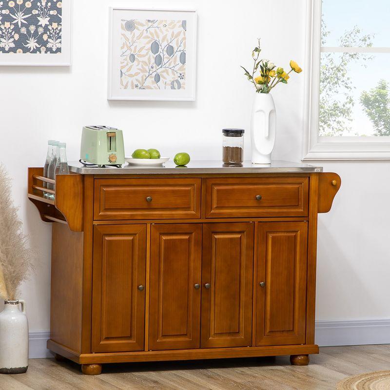 Brown Triple-Cabinet Double-Drawer Kitchen Island with Stainless Steel Top