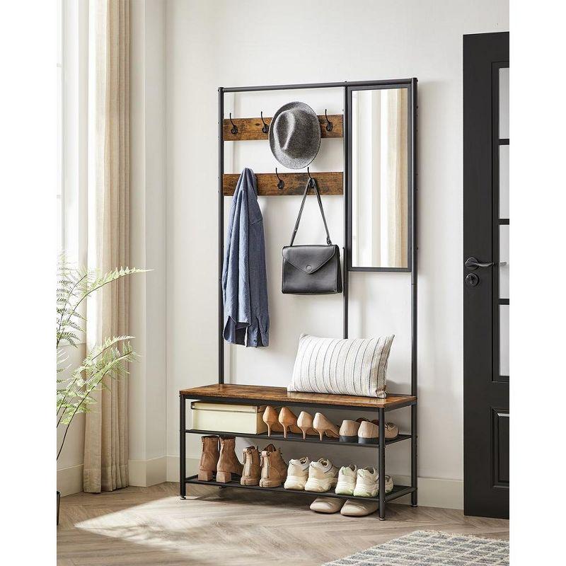 VASAGLE Hall Tree Entryway Coat Rack with Shoe Bench Rustic Walnut and Black