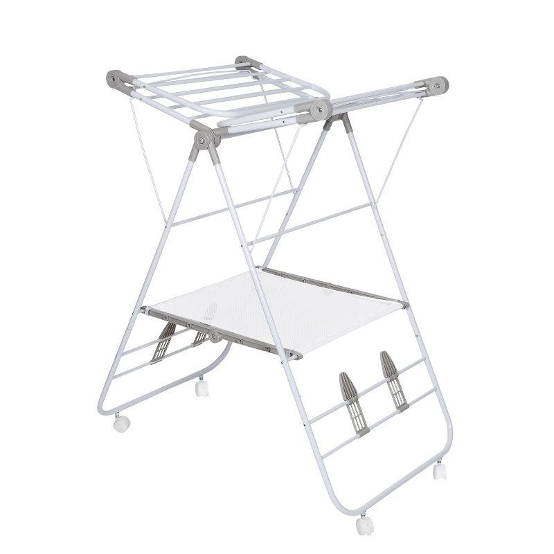 White Folding Steel Rolling Wing Drying Rack with Wheels