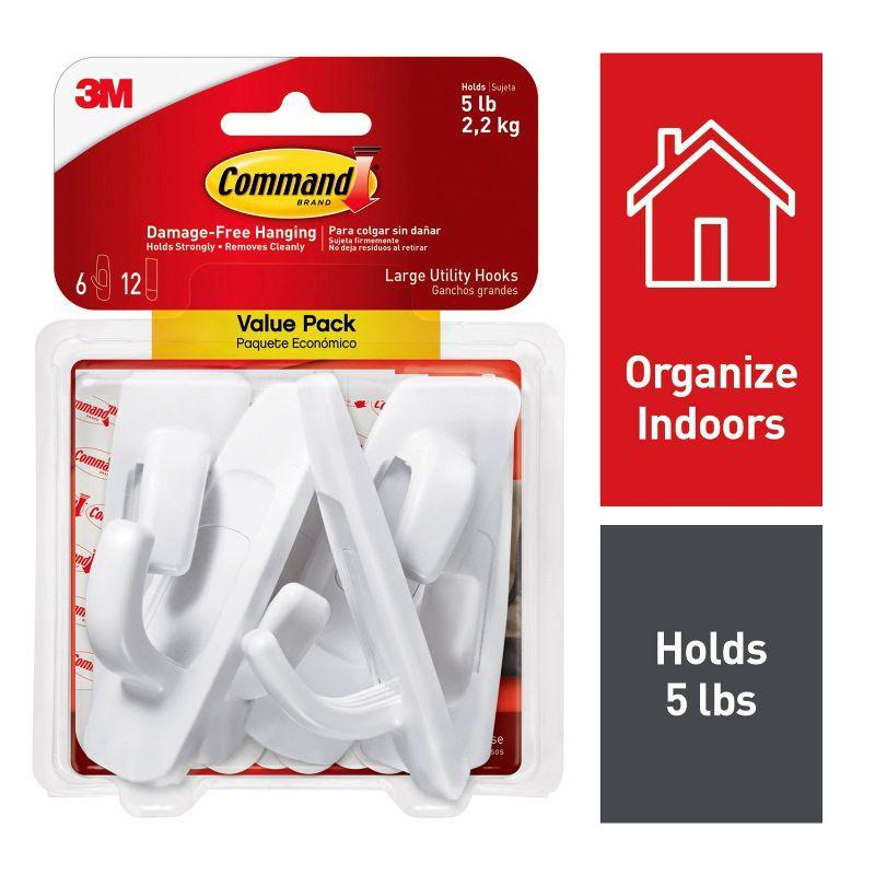 Command Large Utility Hooks, White, Damage Free Hanging of Christmas Decorations, 6 Hooks