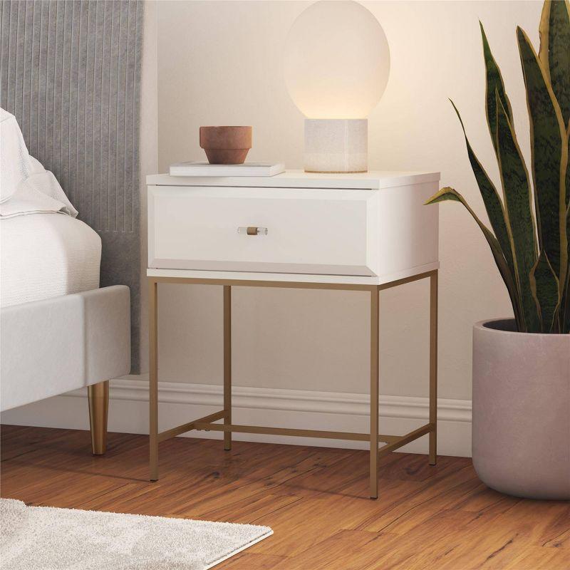 Effie White and Gold 1-Drawer Nightstand with Lucite Pull