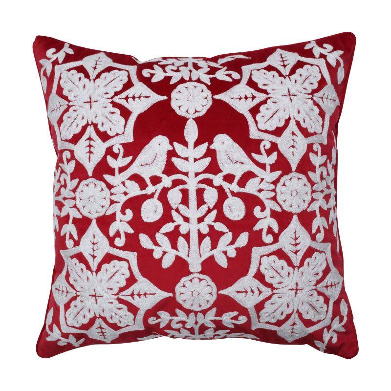 Red Velvet Embroidered Snowflakes and Berries Pillow