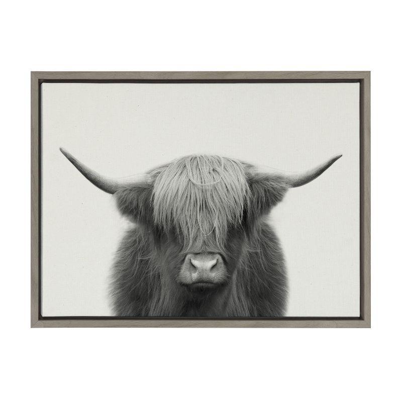 Kate and Laurel Sylvie Hey Dude Highland Cow Framed Linen Canvas by The Creative Bunch Studio, 18x24, Gray